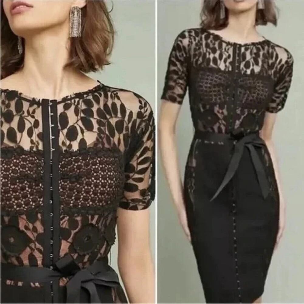 Anthropologie Byron Lars Carissima Dress Black Sheath Lace Knee Hook Eye 2 XS